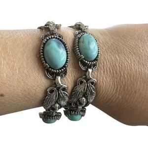 7.5" Vintage Double Layered Turquoise Silver Tone Panel Link Cuff Bracelet
